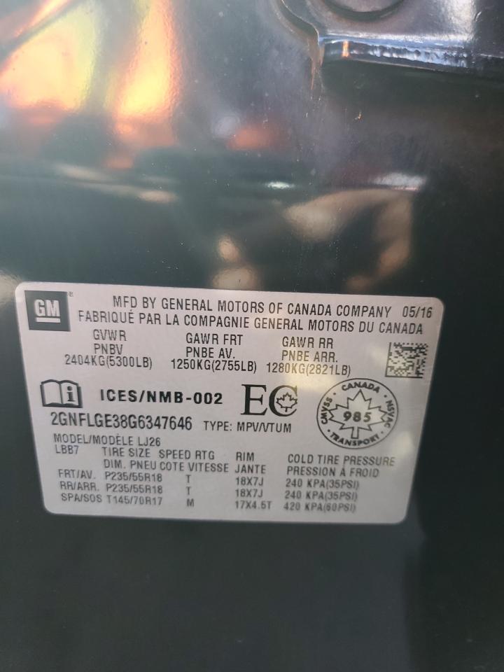 2016 Chevrolet Equinox Ltz VIN: 2GNFLGE38G6347646 Lot: 82110455