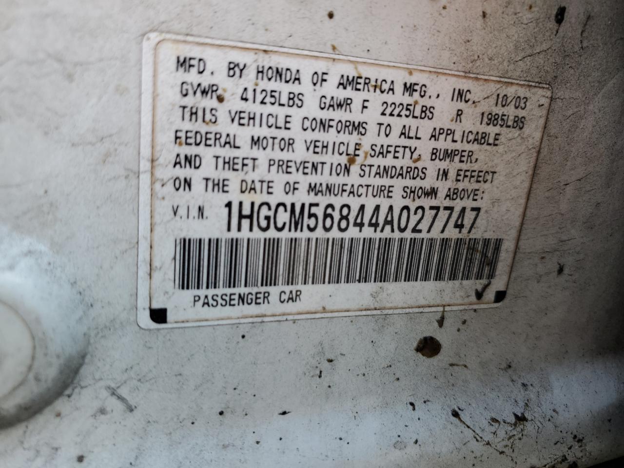 2004 Honda Accord 2.4 Ex VIN: 1HGCM56844A027747 Lot: 43441038