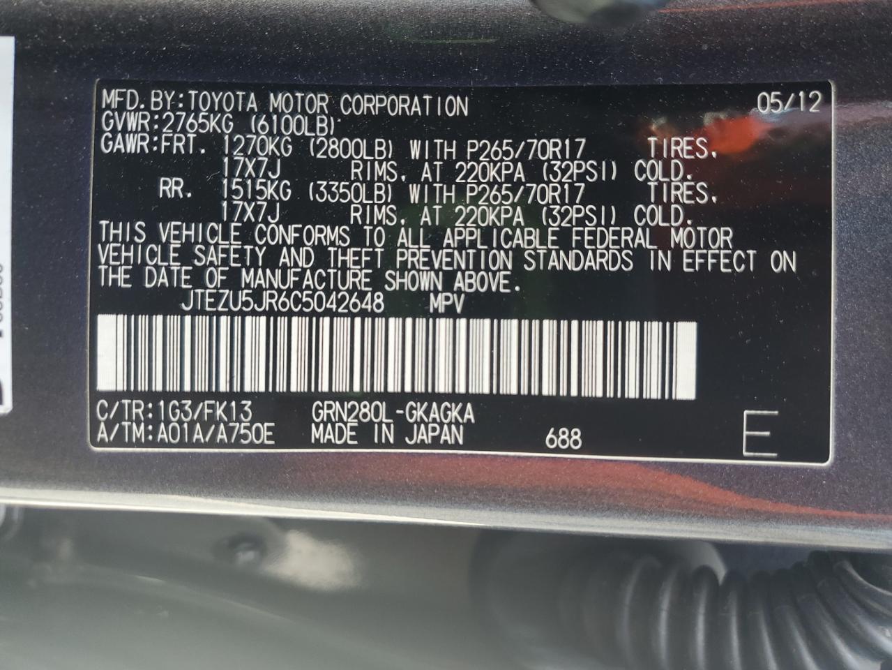 2012 Toyota 4Runner Sr5 VIN: JTEZU5JR6C5042648 Lot: 80640755