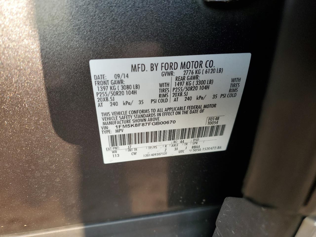 2015 Ford Explorer Limited VIN: 1FM5K8F87FGB00670 Lot: 71900375