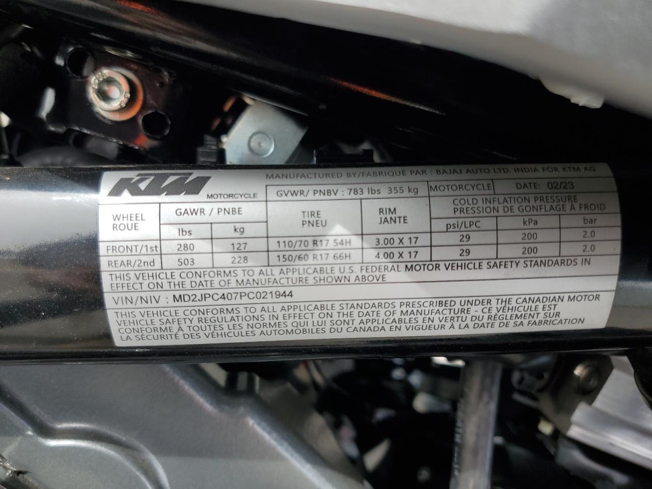 2023 Ktm 200 Duke VIN: MD2JPC407PC021944 Lot: 84837445