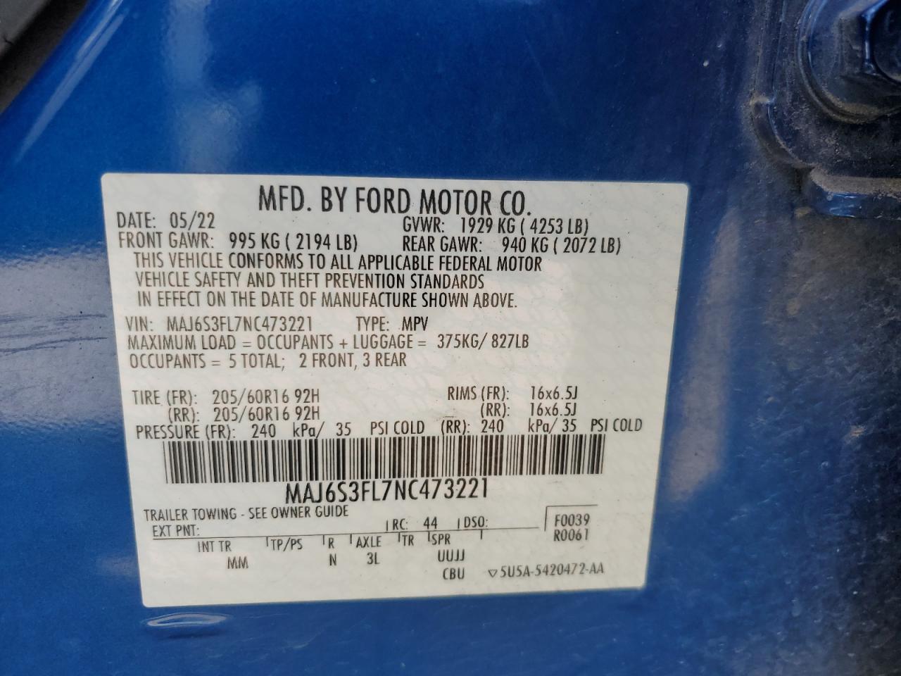 2022 Ford Ecosport S VIN: MAJ6S3FL7NC473221 Lot: 81118835