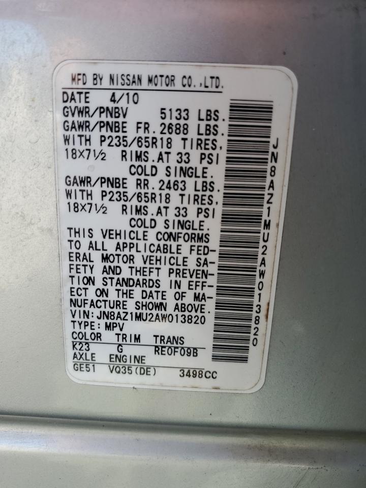 2010 Nissan Murano S VIN: JN8AZ1MU2AW013820 Lot: 80845115