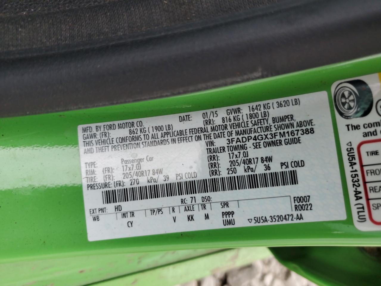 2015 Ford Fiesta St VIN: 3FADP4GX3FM167388 Lot: 81813575