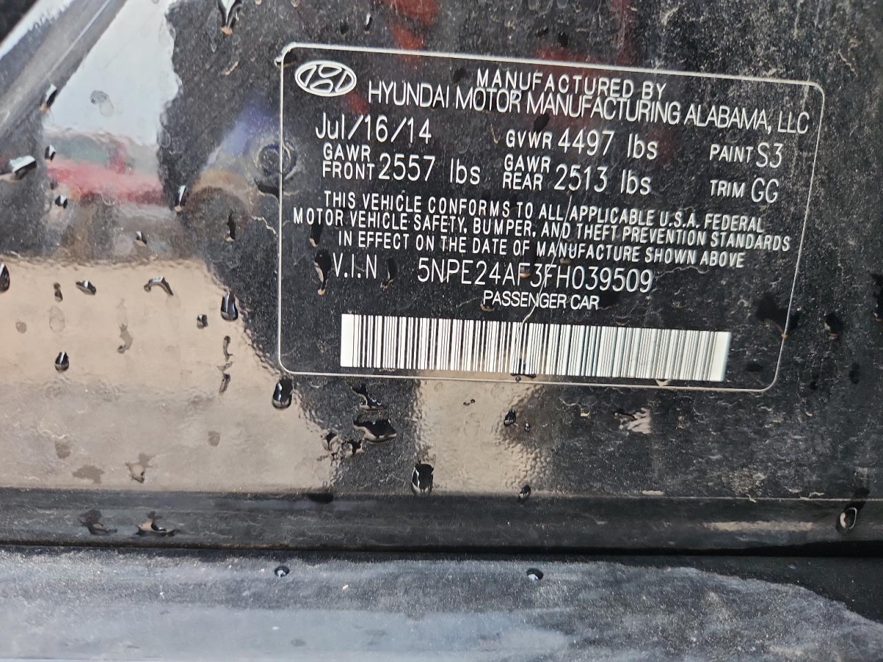 2015 Hyundai Sonata Se VIN: 5NPE24AF3FH039509 Lot: 80501025