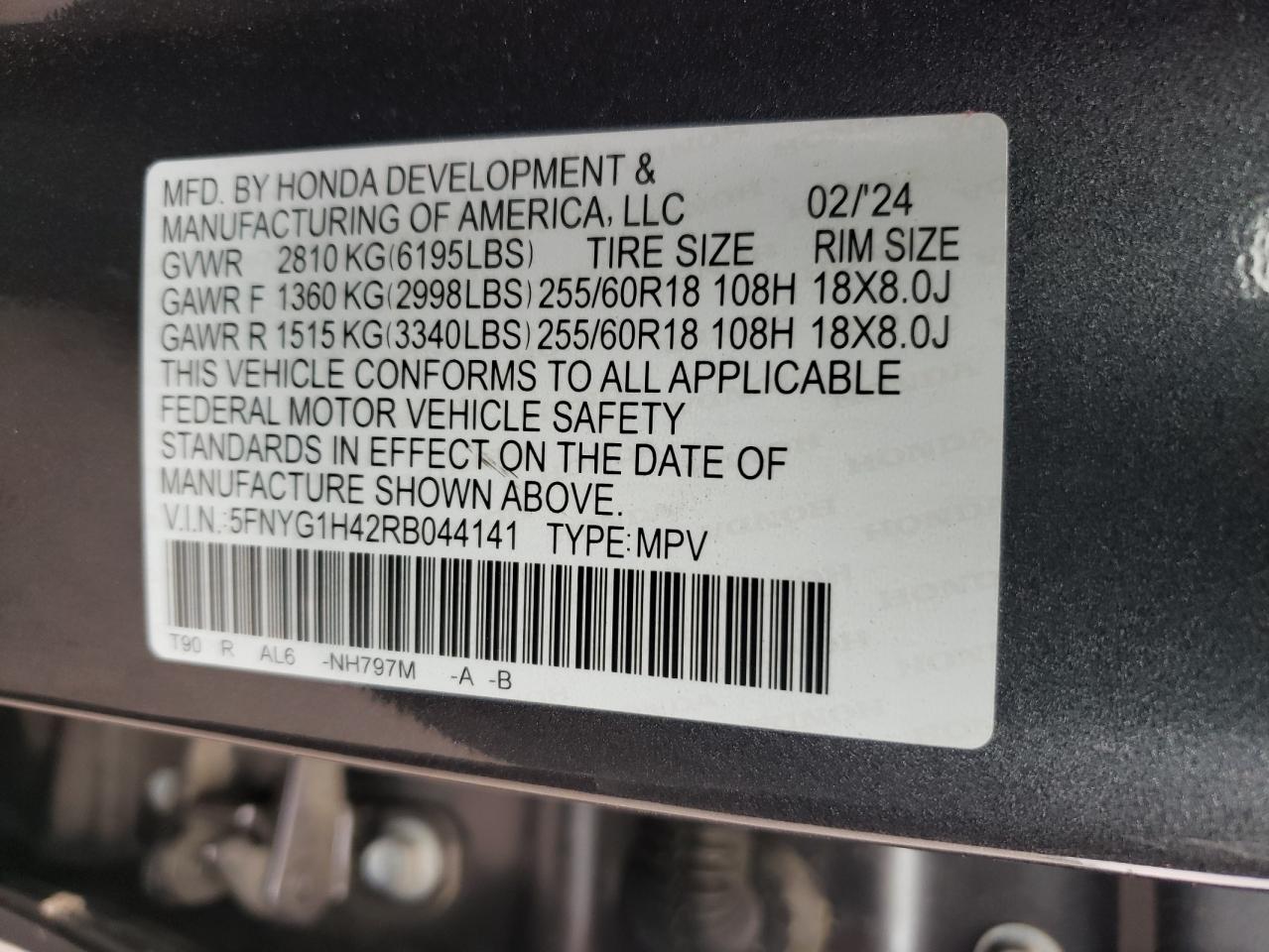 2024 Honda Pilot Exl VIN: 5FNYG1H42RB044141 Lot: 80857115