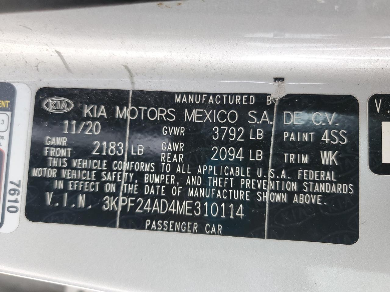 2021 Kia Forte Fe VIN: 3KPF24AD4ME310114 Lot: 81094515