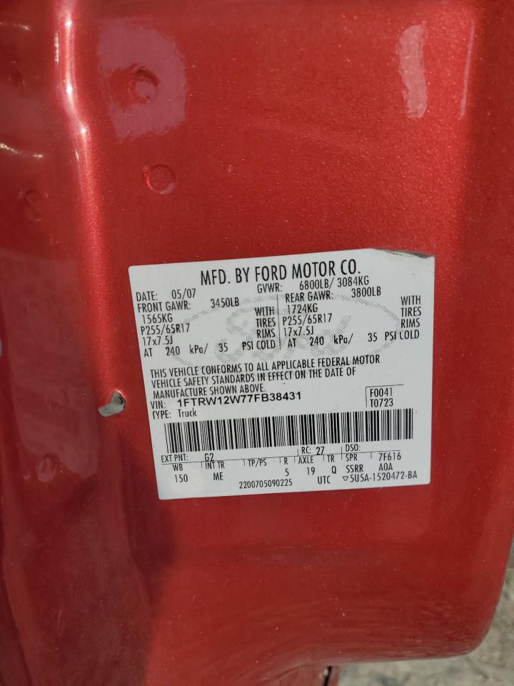 2007 Ford F150 Supercrew VIN: 1FTRW12W77FB38431 Lot: 81609075