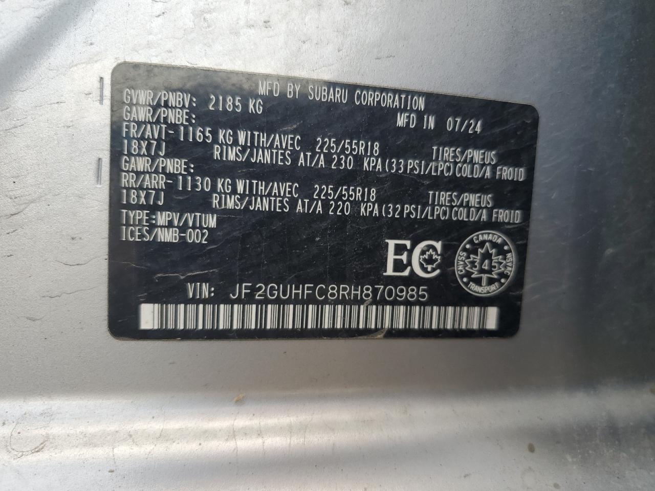 2024 Subaru Crosstrek Sport VIN: JF2GUHFC8RH870985 Lot: 81090015