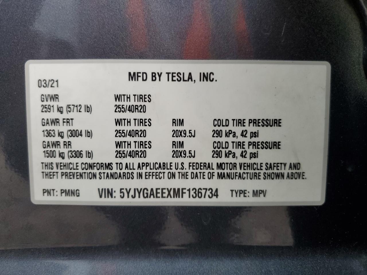 2021 Tesla Model Y VIN: 5YJYGAEEXMF136734 Lot: 71866515