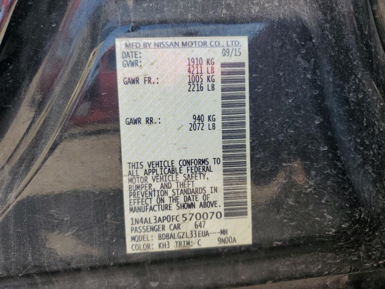 2015 Nissan Altima 2.5 VIN: 1N4AL3AP0FC570070 Lot: 80194255