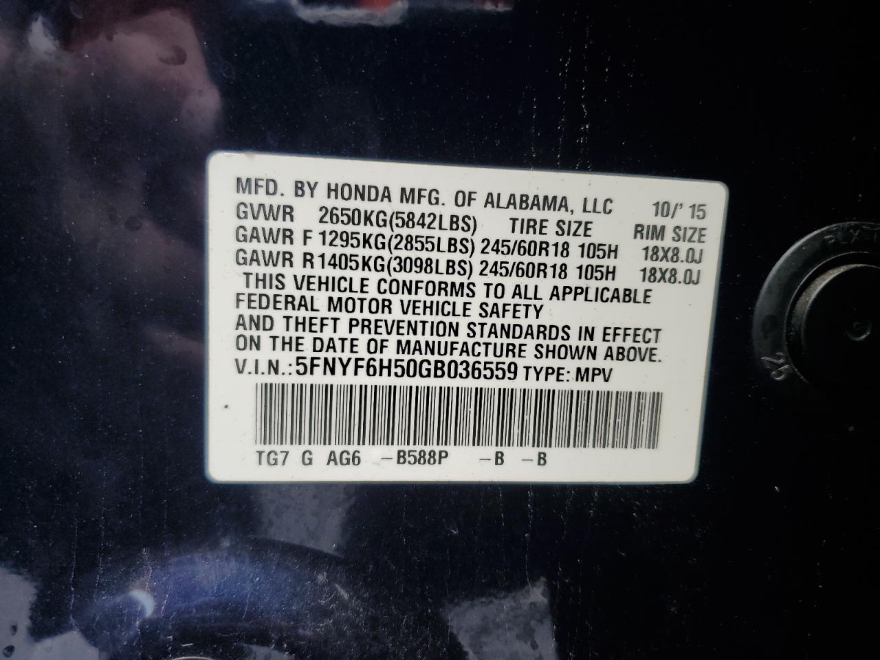 2016 Honda Pilot Exl VIN: 5FNYF6H50GB036559 Lot: 81784305