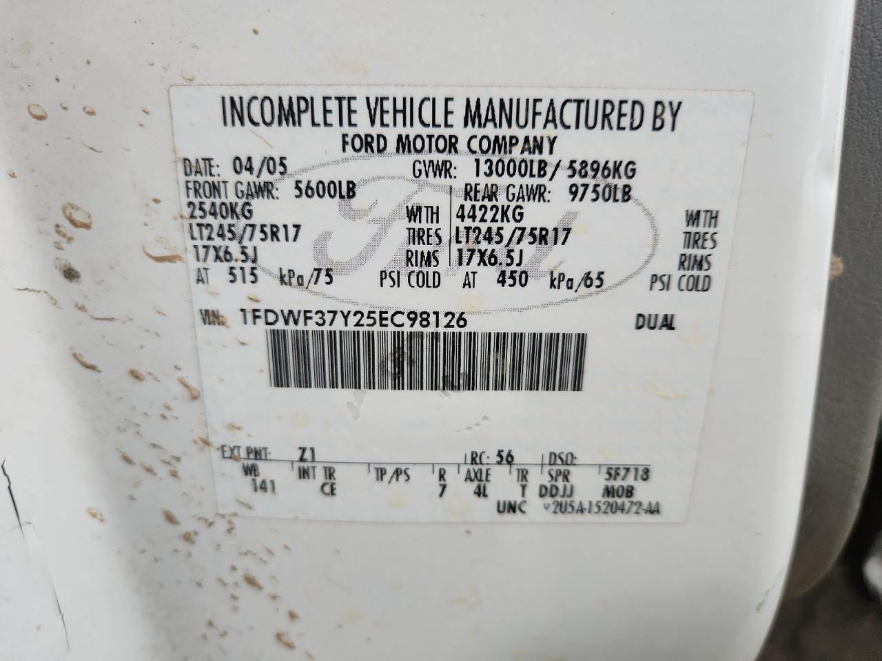 2005 Ford F350 Super Duty VIN: 1FDWF37Y25EC98126 Lot: 71219565