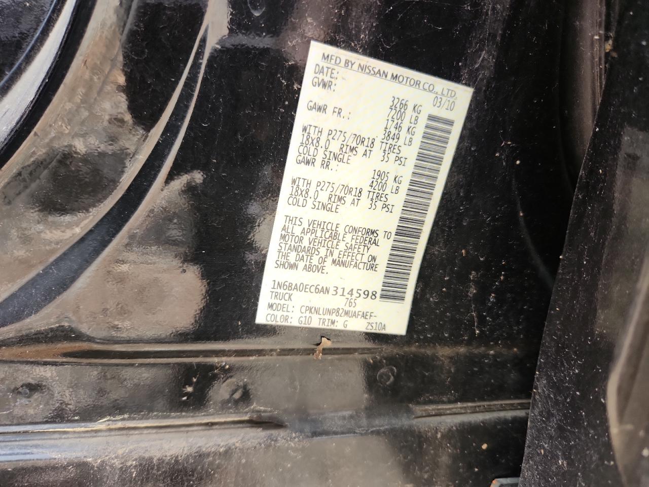 2010 Nissan Titan Xe VIN: 1N6BA0EC6AN314598 Lot: 71323615