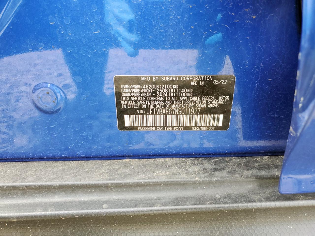 2022 Subaru Wrx Premium VIN: JF1VBAF67N9011927 Lot: 81581165