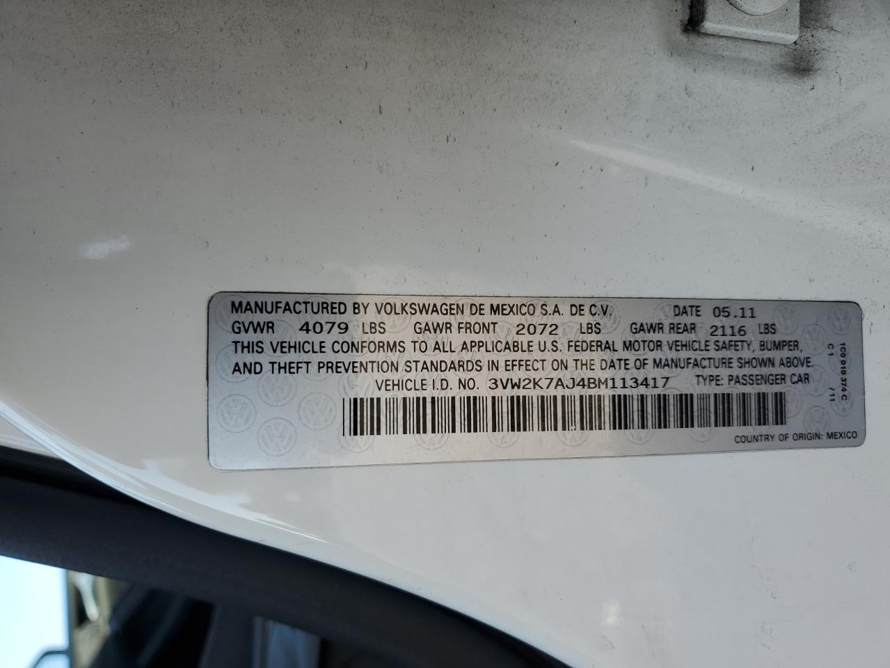 2011 Volkswagen Jetta Base VIN: 3VW2K7AJ4BM113417 Lot: 82110445