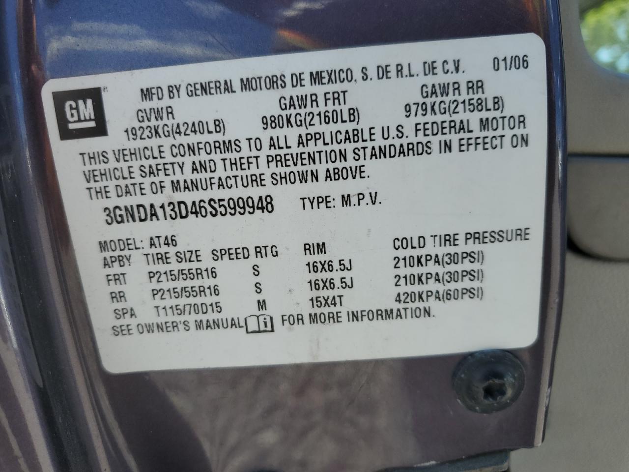 2006 Chevrolet Hhr Ls VIN: 3GNDA13D46S599948 Lot: 71173825