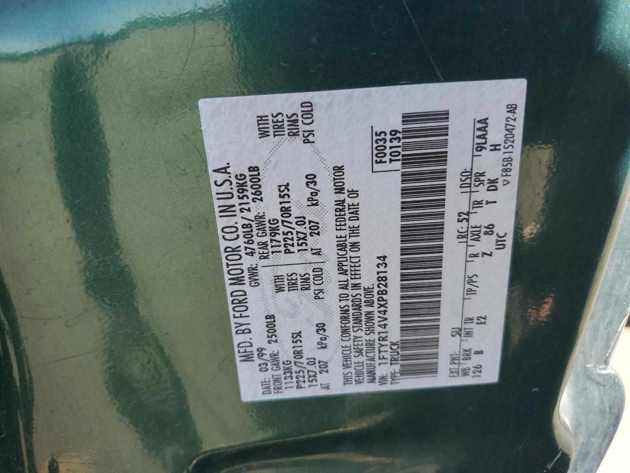 1999 Ford Ranger Super Cab VIN: 1FTYR14V4XPB28134 Lot: 84013215