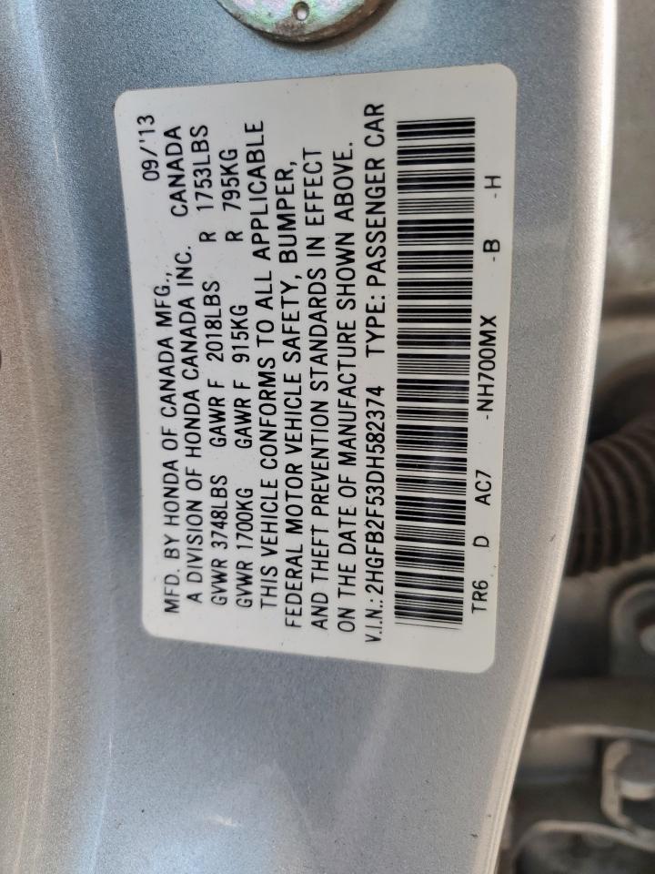 2013 Honda Civic Lx VIN: 2HGFB2F53DH582374 Lot: 81807175