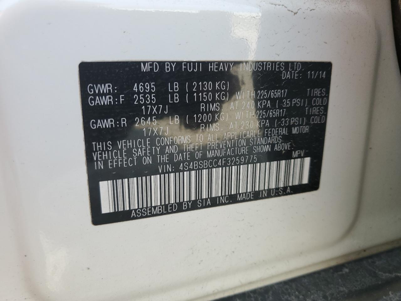 2015 Subaru Outback 2.5I Premium VIN: 4S4BSBCC4F3259775 Lot: 71111665