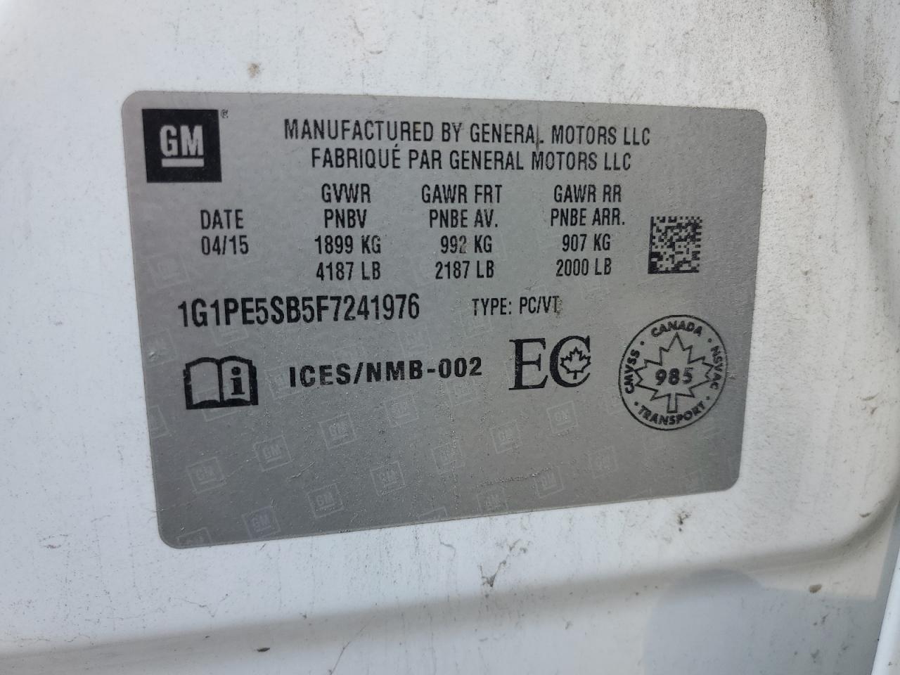 2015 Chevrolet Cruze Lt VIN: 1G1PE5SB5F7241976 Lot: 71283695