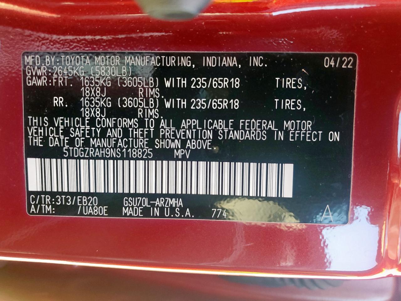 2022 Toyota Highlander Xle VIN: 5TDGZRAH9NS118825 Lot: 71371135