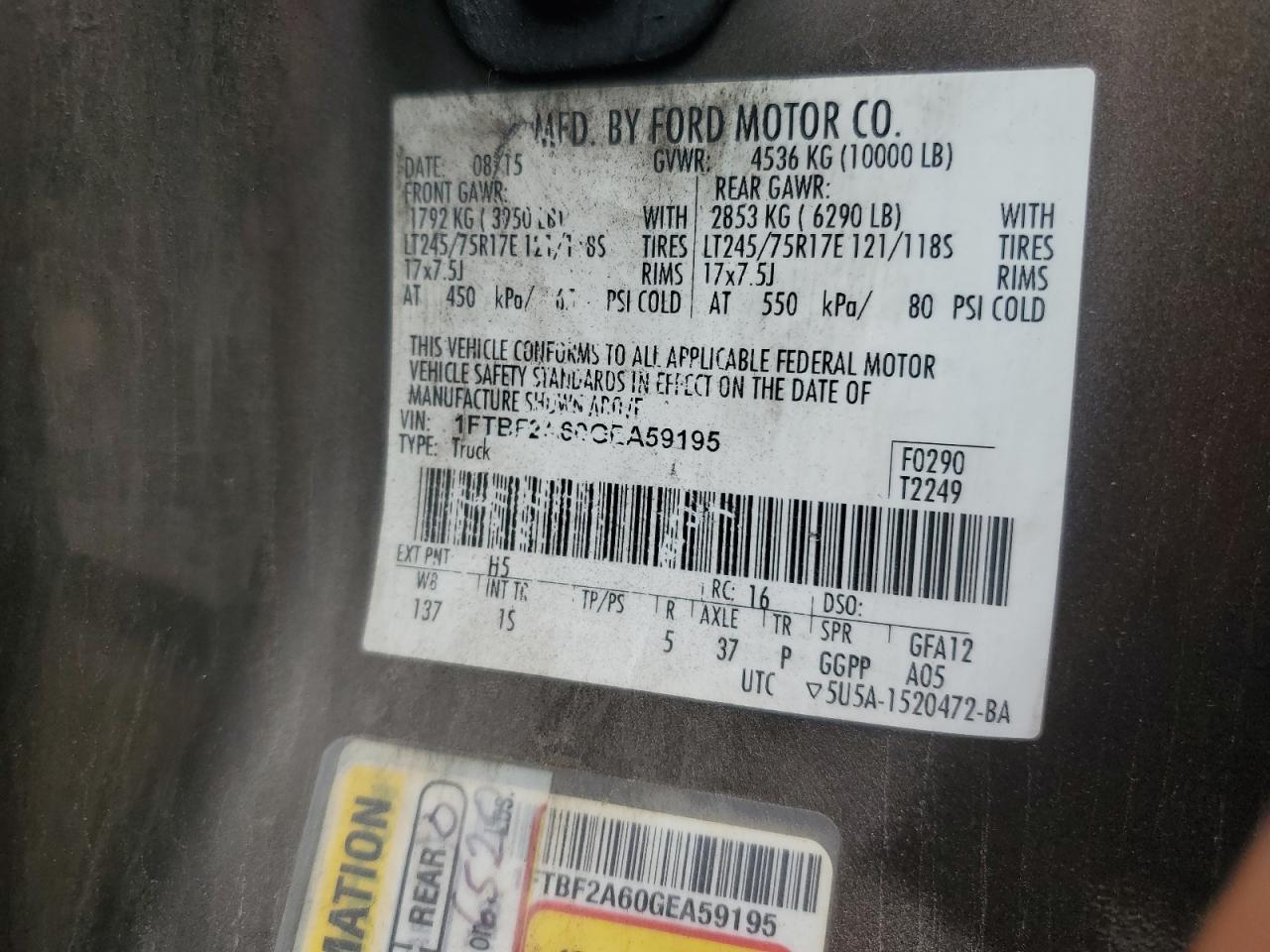 2016 Ford F250 Super Duty VIN: 1FTBF2A60GEA59195 Lot: 84041045