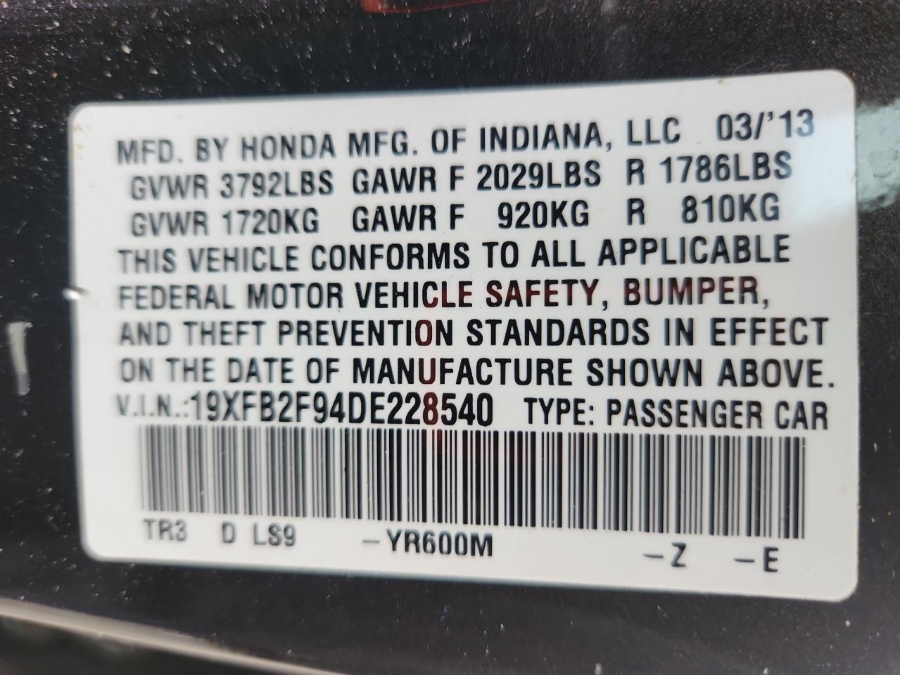 2013 Honda Civic Exl VIN: 19XFB2F94DE228540 Lot: 85744885