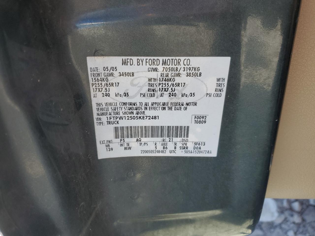 2005 Ford F150 Supercrew VIN: 1FTPW12505KE72481 Lot: 71023165