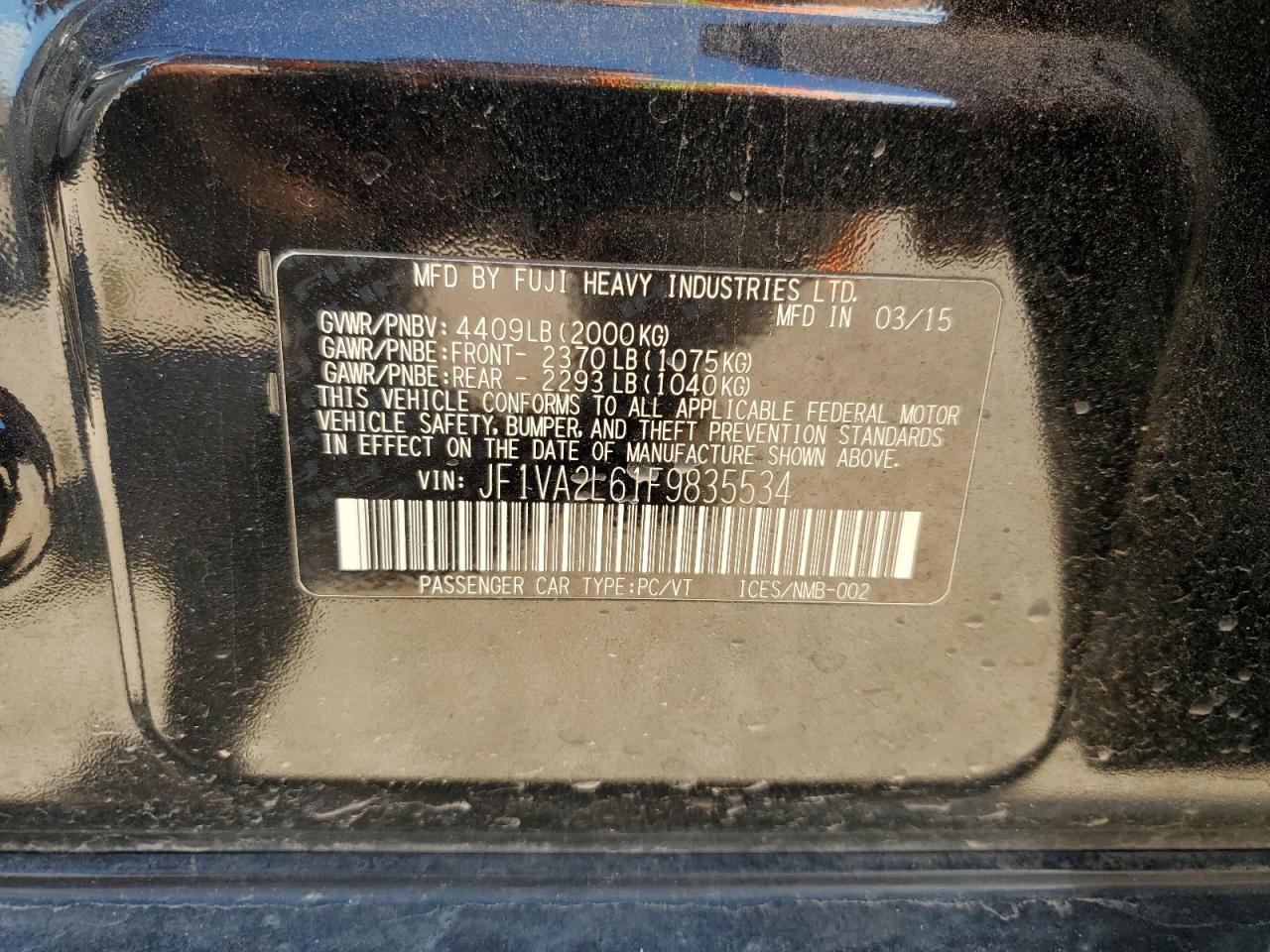 2015 Subaru Wrx Sti VIN: JF1VA2L61F9835534 Lot: 82173065