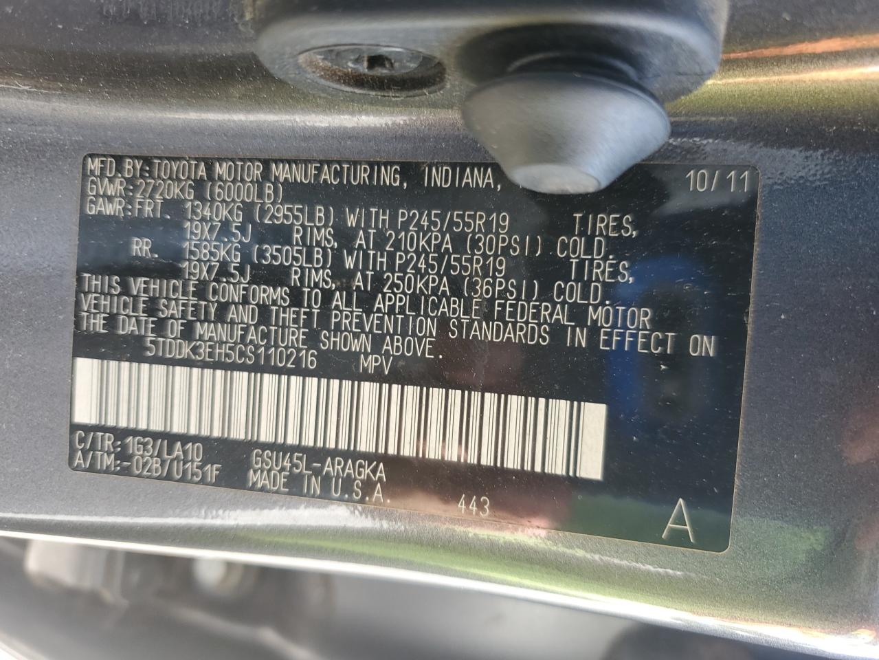 2012 Toyota Highlander Limited VIN: 5TDDK3EH5CS110216 Lot: 71259105