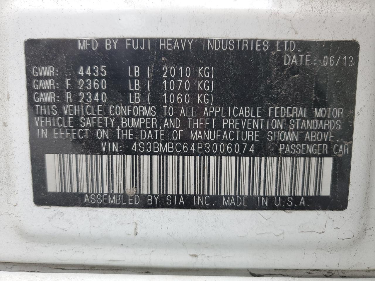 2014 Subaru Legacy 2.5I Premium VIN: 4S3BMBC64E3006074 Lot: 80197465