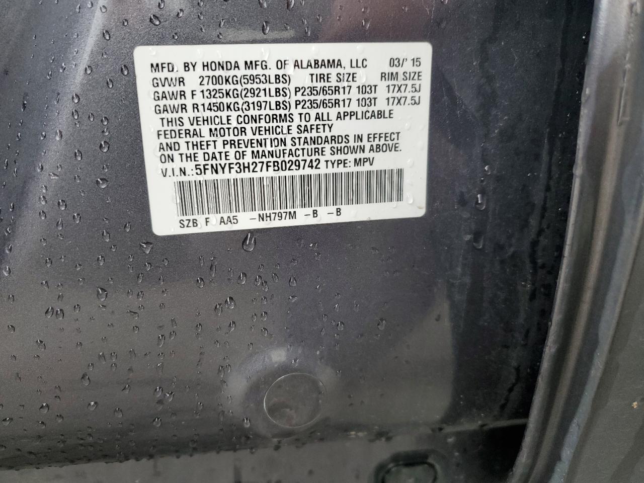 2015 Honda Pilot Lx VIN: 5FNYF3H27FB029742 Lot: 81842795