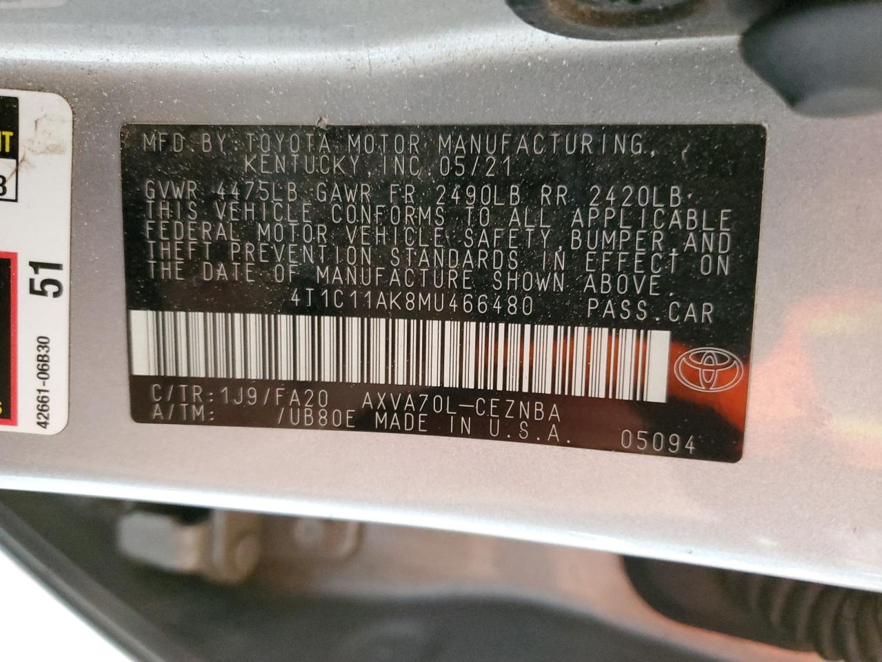 2021 Toyota Camry Le VIN: 4T1C11AK8MU466480 Lot: 80301915