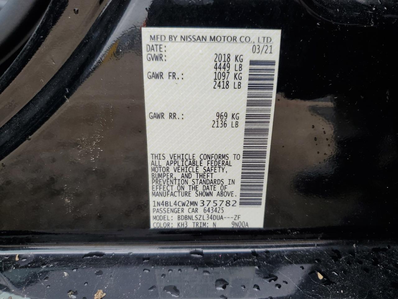 2021 Nissan Altima Sr VIN: 1N4BL4CW2MN375782 Lot: 84408445