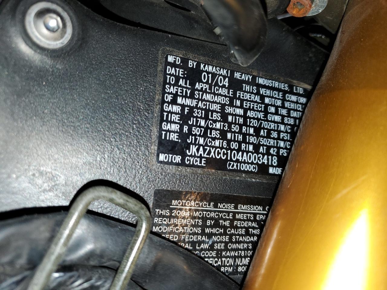 2004 Kawasaki Ninja Zx 10R VIN: JKAZXCC104A003418 Lot: 71966625