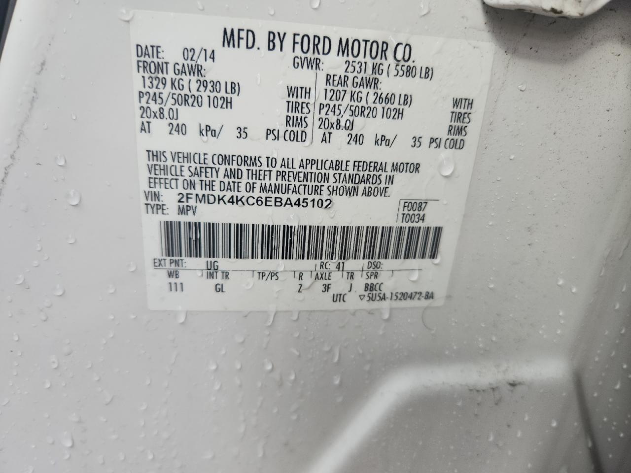 2014 Ford Edge Limited VIN: 2FMDK4KC6EBA45102 Lot: 81829475