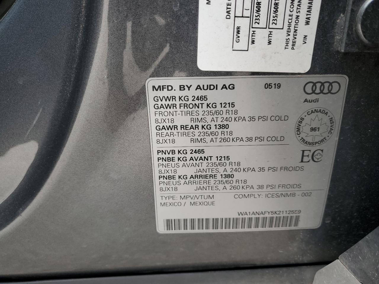 2019 Audi Q5 Premium VIN: WA1ANAFY5K2112559 Lot: 81681975