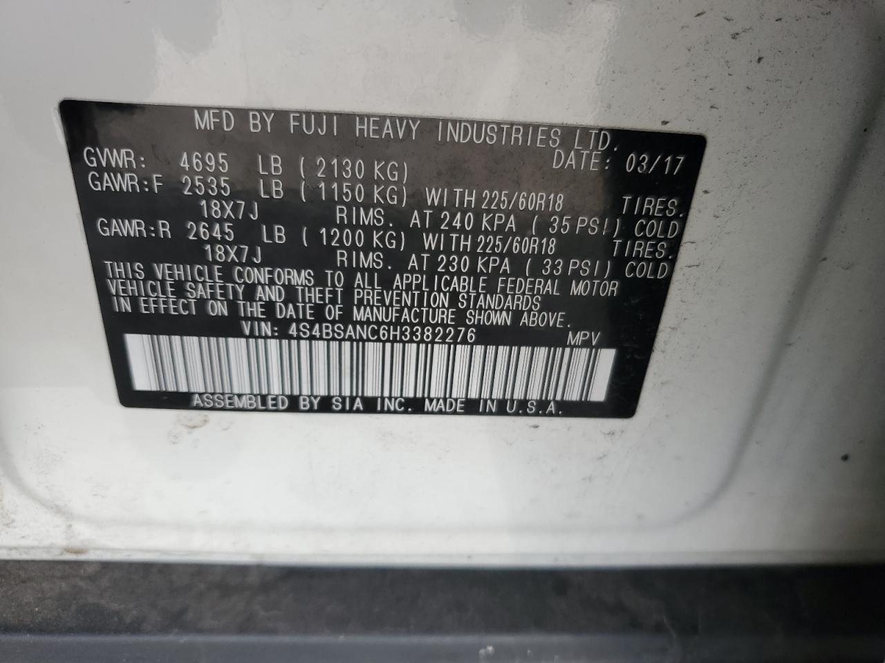 2017 Subaru Outback 2.5I Limited VIN: 4S4BSANC6H3382276 Lot: 71226075