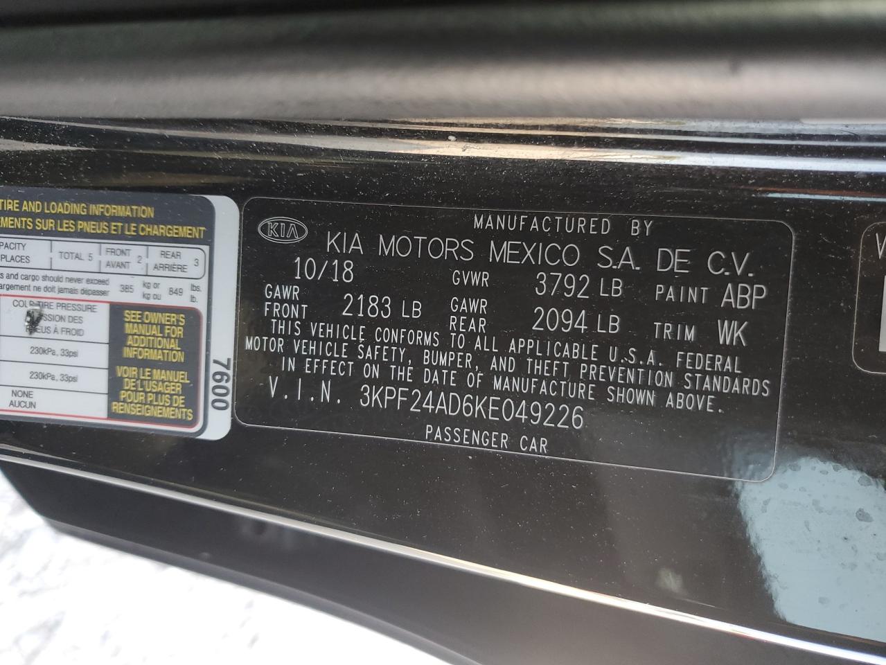 2019 Kia Forte Fe VIN: 3KPF24AD6KE049226 Lot: 71709585