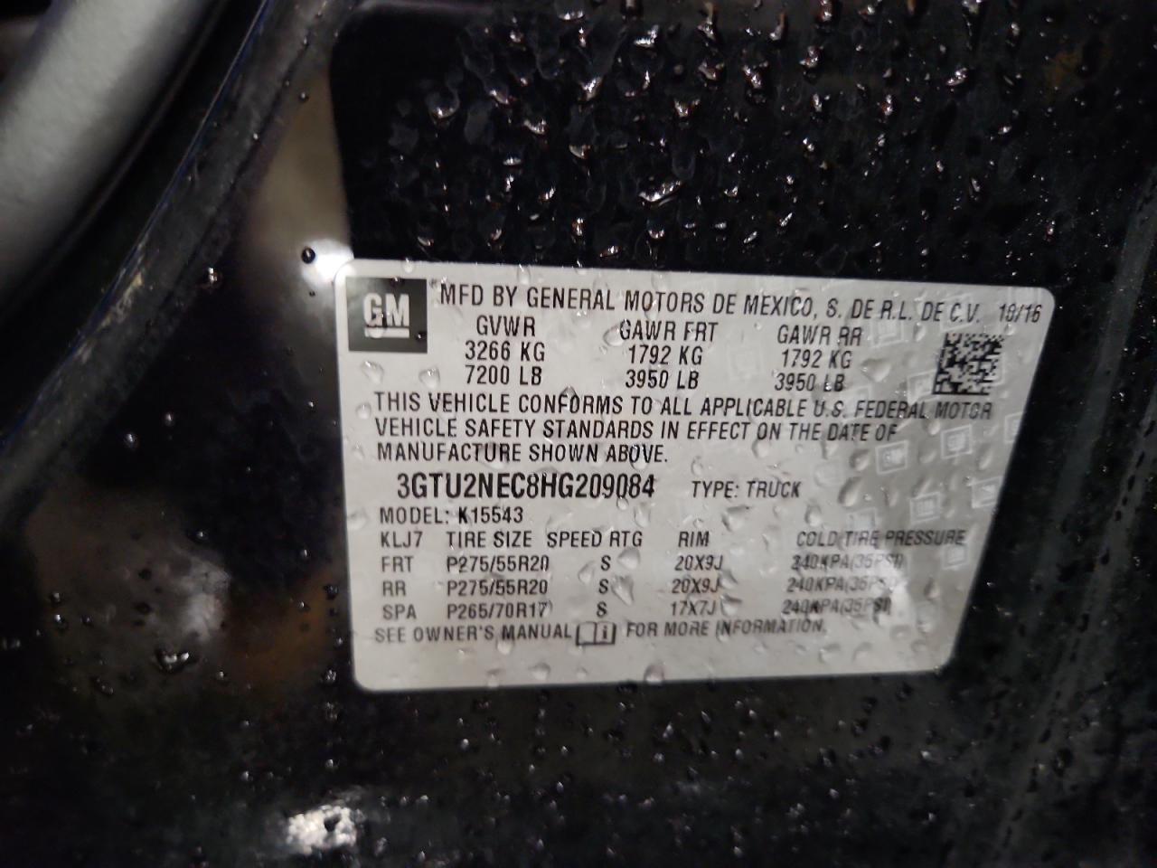 2017 GMC Sierra K1500 Slt VIN: 3GTU2NEC8HG209084 Lot: 80128445