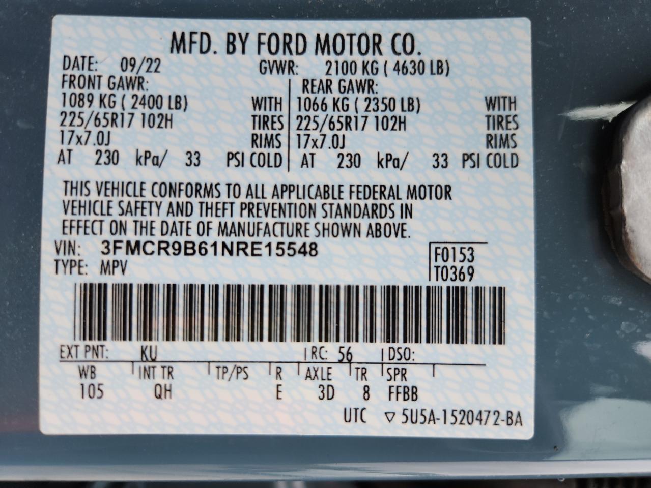 2022 Ford Bronco Sport Big Bend VIN: 3FMCR9B61NRE15548 Lot: 71710535