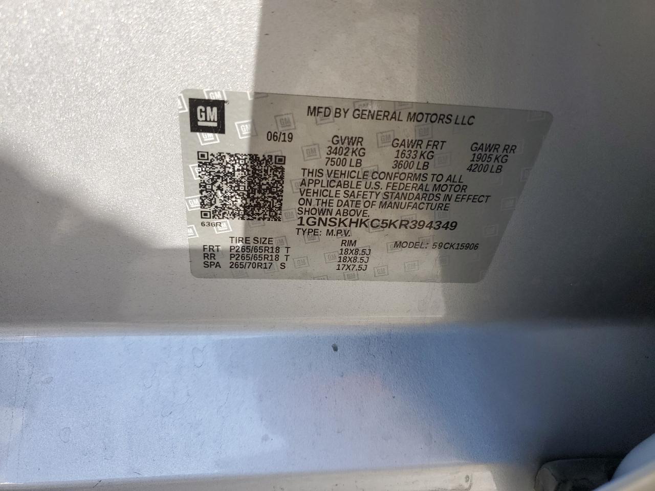 2019 Chevrolet Suburban K1500 Lt VIN: 1GNSKHKC5KR394349 Lot: 81909375