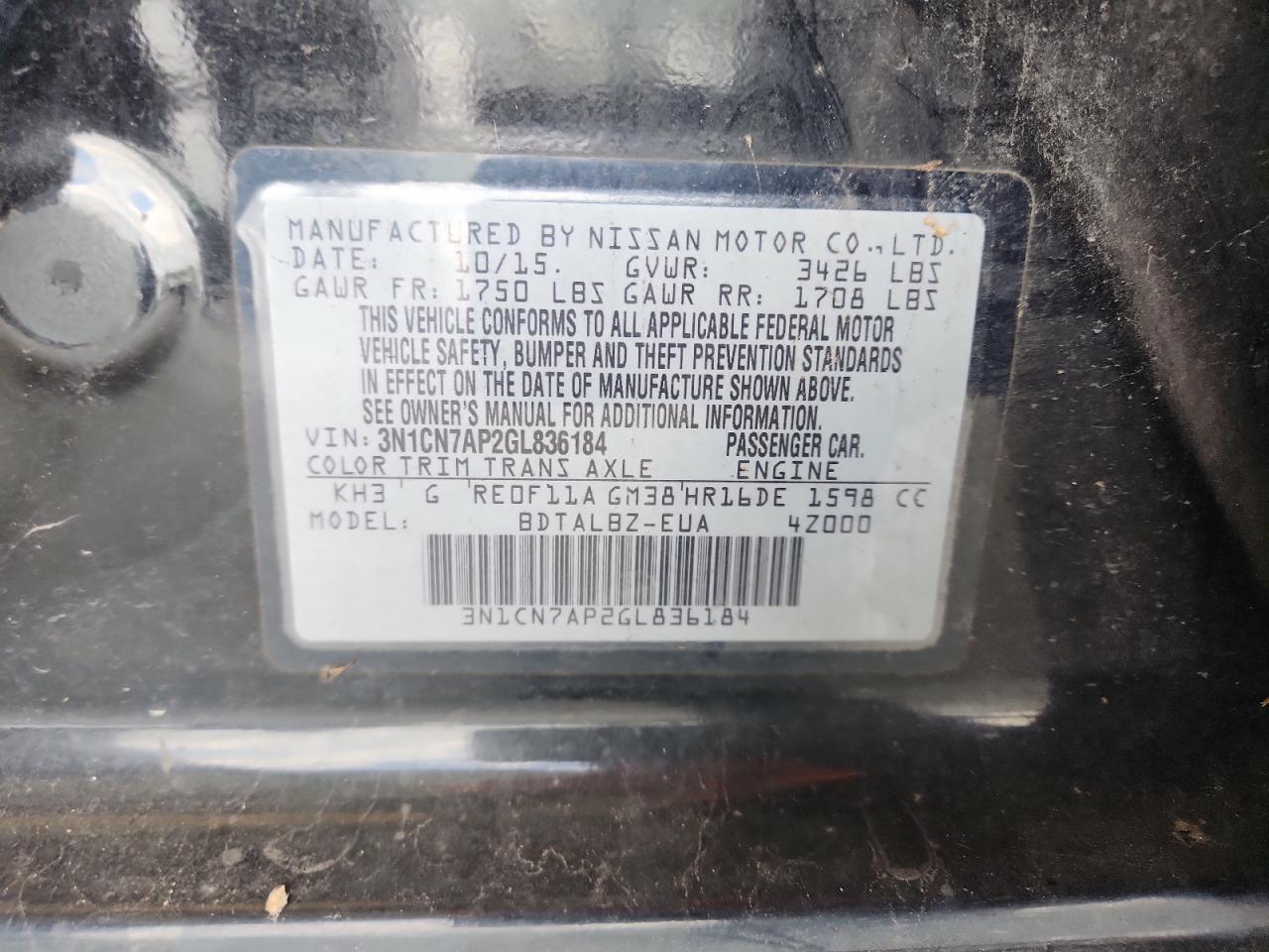 2016 Nissan Versa S VIN: 3N1CN7AP2GL836184 Lot: 71533295