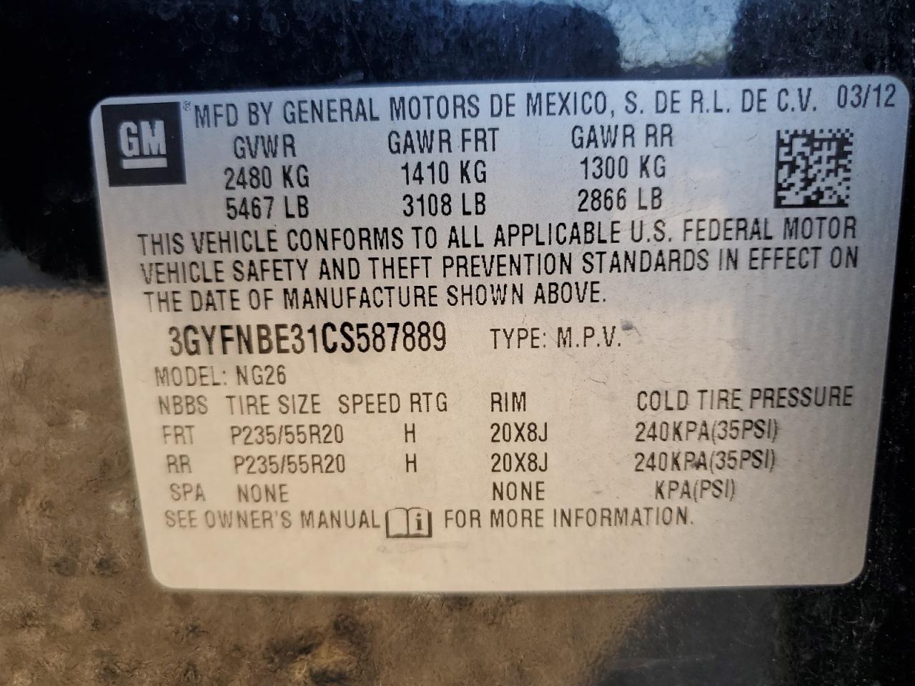 2012 Cadillac Srx Performance Collection VIN: 3GYFNBE31CS587889 Lot: 80847475