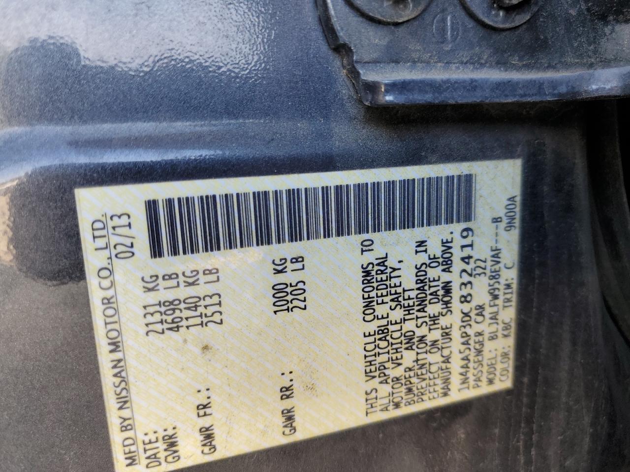 2013 Nissan Maxima S VIN: 1N4AA5AP3DC832419 Lot: 81587705