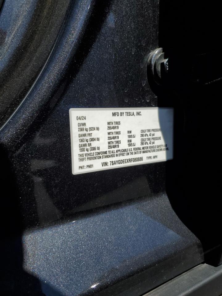 2024 Tesla Model Y VIN: 7SAYGDEEXRF080886 Lot: 72048545