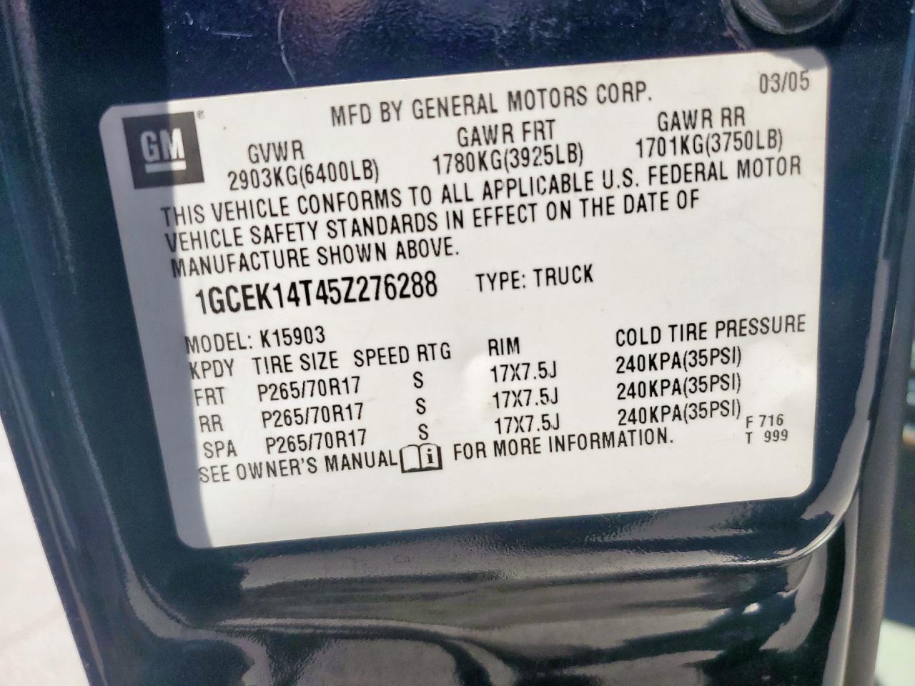 2005 Chevrolet Silverado K1500 VIN: 1GCEK14T45Z276288 Lot: 80561855
