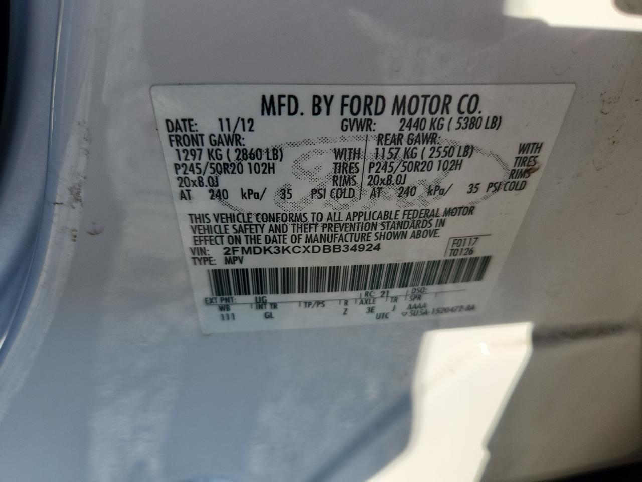 2013 Ford Edge Limited VIN: 2FMDK3KCXDBB34924 Lot: 72067505