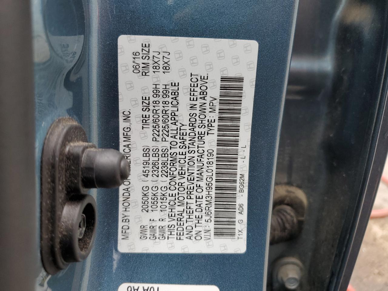 2016 Honda Cr-V Touring VIN: 5J6RM3H95GL018190 Lot: 80273615